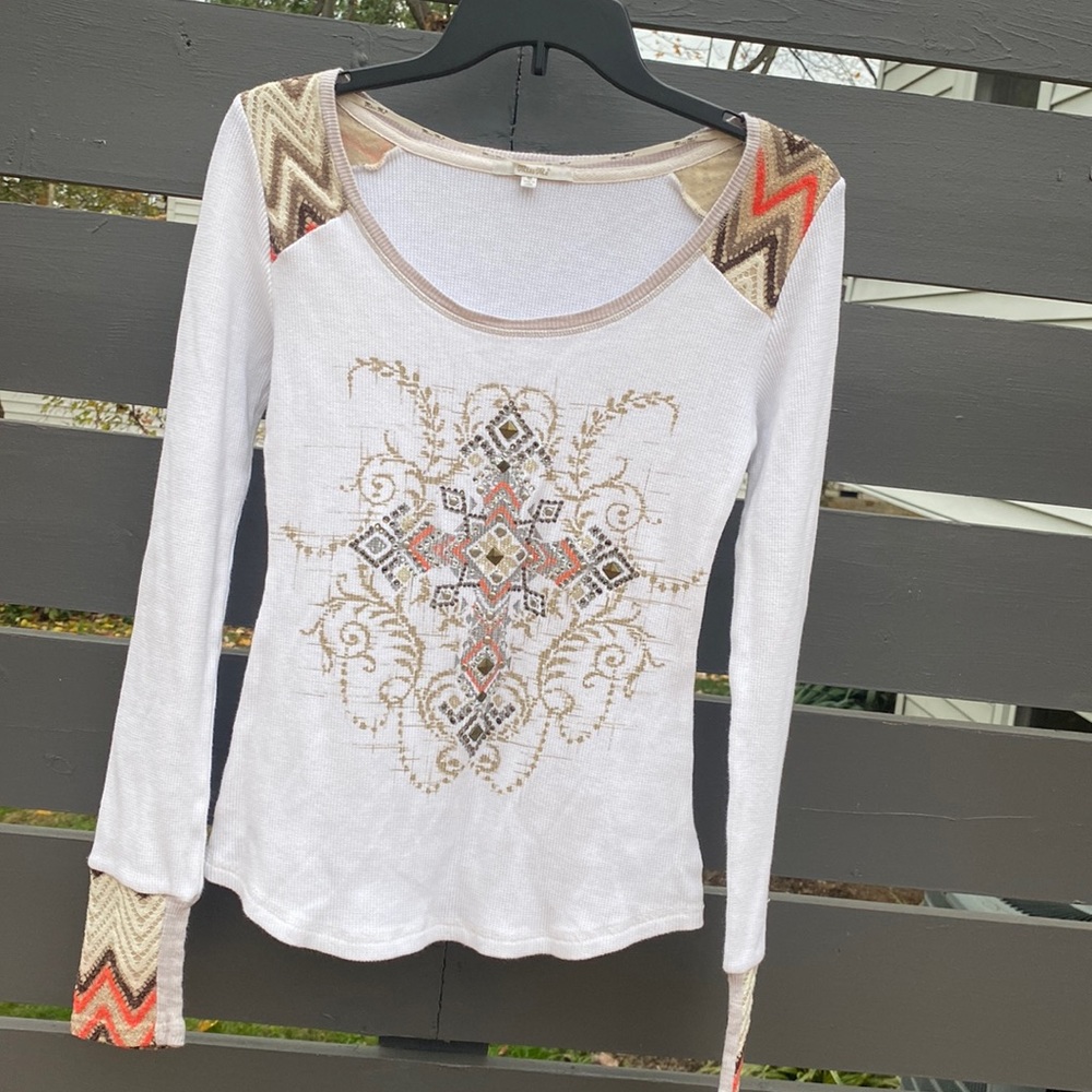 Miss Me coral aztec printed thermal LS top